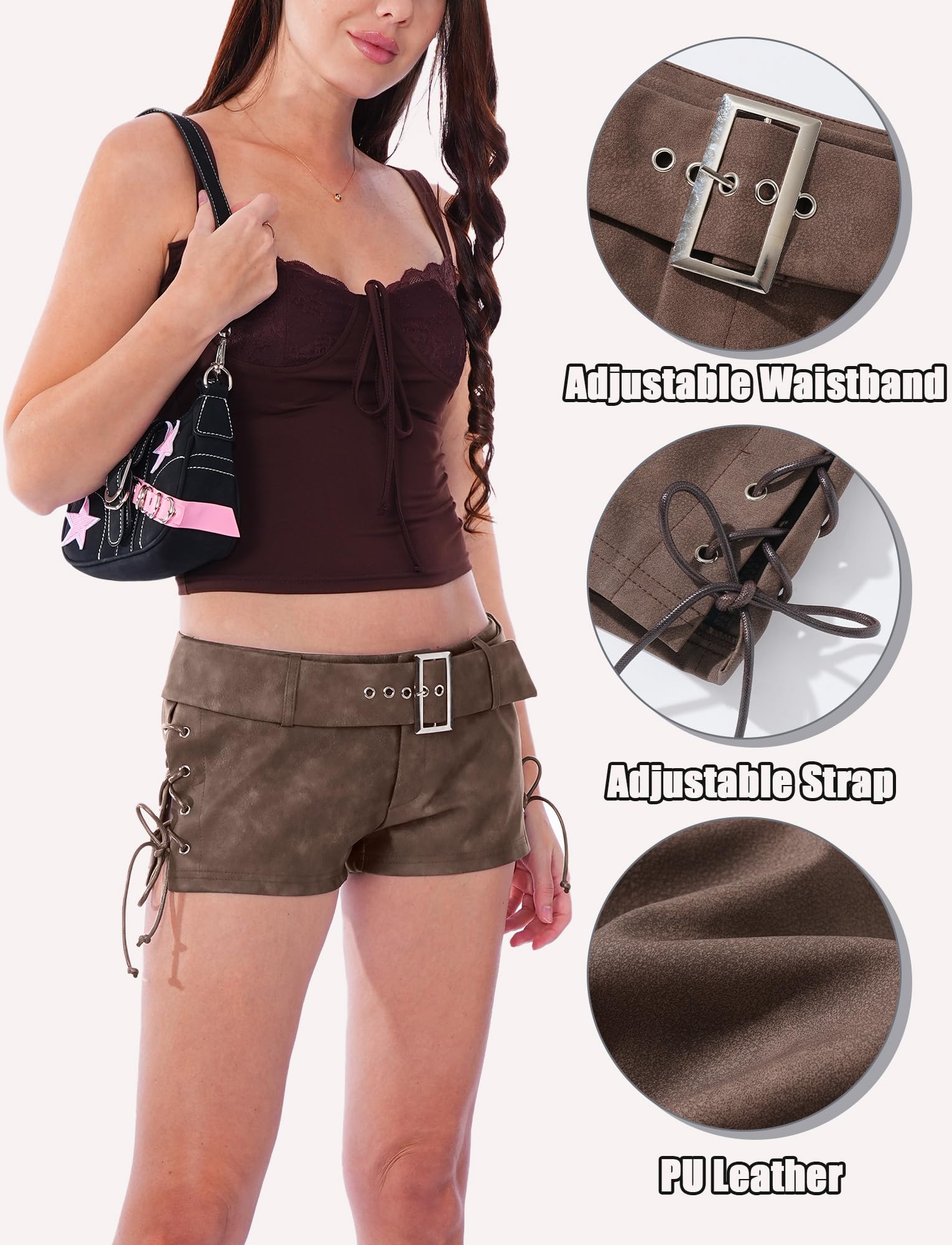 Damen Shorts PU Leder mit Schnüre Hose Kurz Party Karneval Outfit Sexy Outfit Rave Hotpants Elegant S-XL