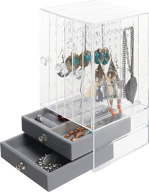 BELLE VOUS Earring Storage & Jewellery Holder - L12.8 x W13 x H24.5cm / 5.04 x 5.12 x 9.65 Inches - Dustproof Acrylic Hanging Organiser Racks & Velvet Drawers - Earrings, Necklaces, Rings & Bracelets