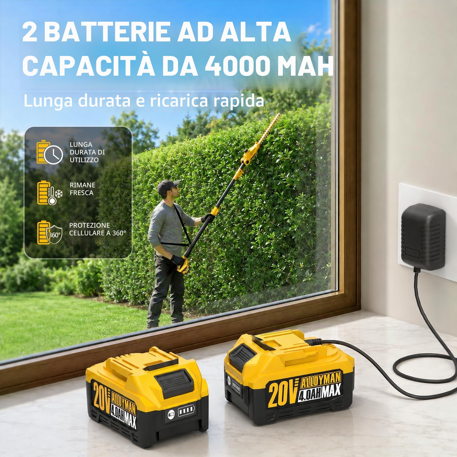 Tagliasiepi telescopico da 20V, con 2 batterie da 4,0 Ah e caricabatterie, tagliasiepi da 2,4 metri per potatura cespugli