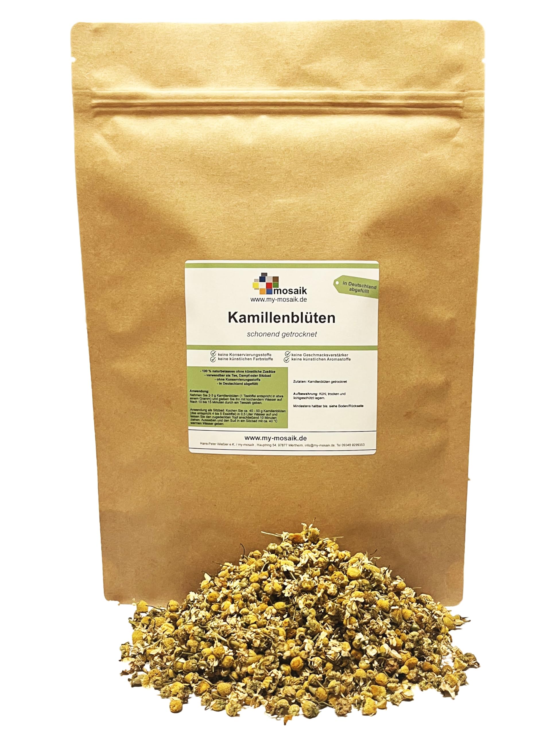 Kamillentee - ganze Kamillenblüten getrocknet - abgefüllt und kontrolliert in Deutschland (100g)