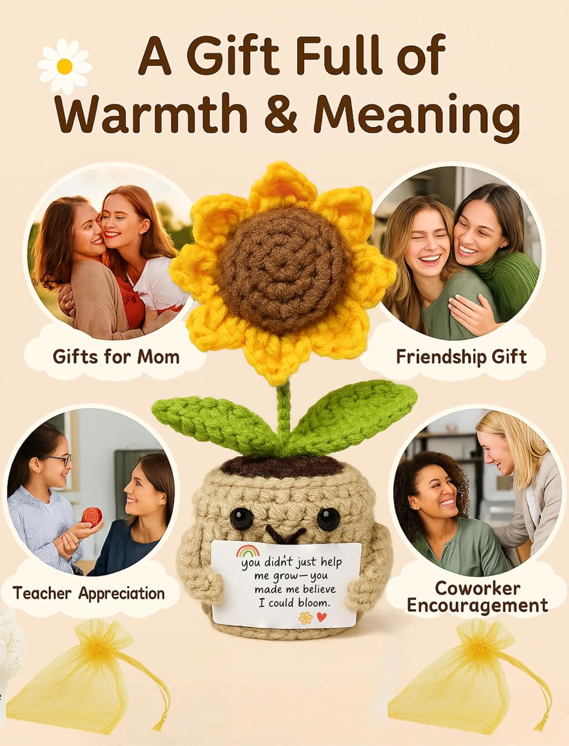 Crochet Sunflower with Positive Messages | Handmade Crochet Flower Desk Decor | Emotional Support Gift for Teacher, Friend, Coworkert | Light Brown Pot - Image 7