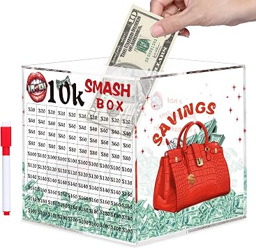 10k Smash Box for Money, Large Piggy Bank for Adults 10000 Savings Challenge Box, Money Saving Box for Cash, Big Unbreakable Clear Acrylic Money Saver Must Break to Open