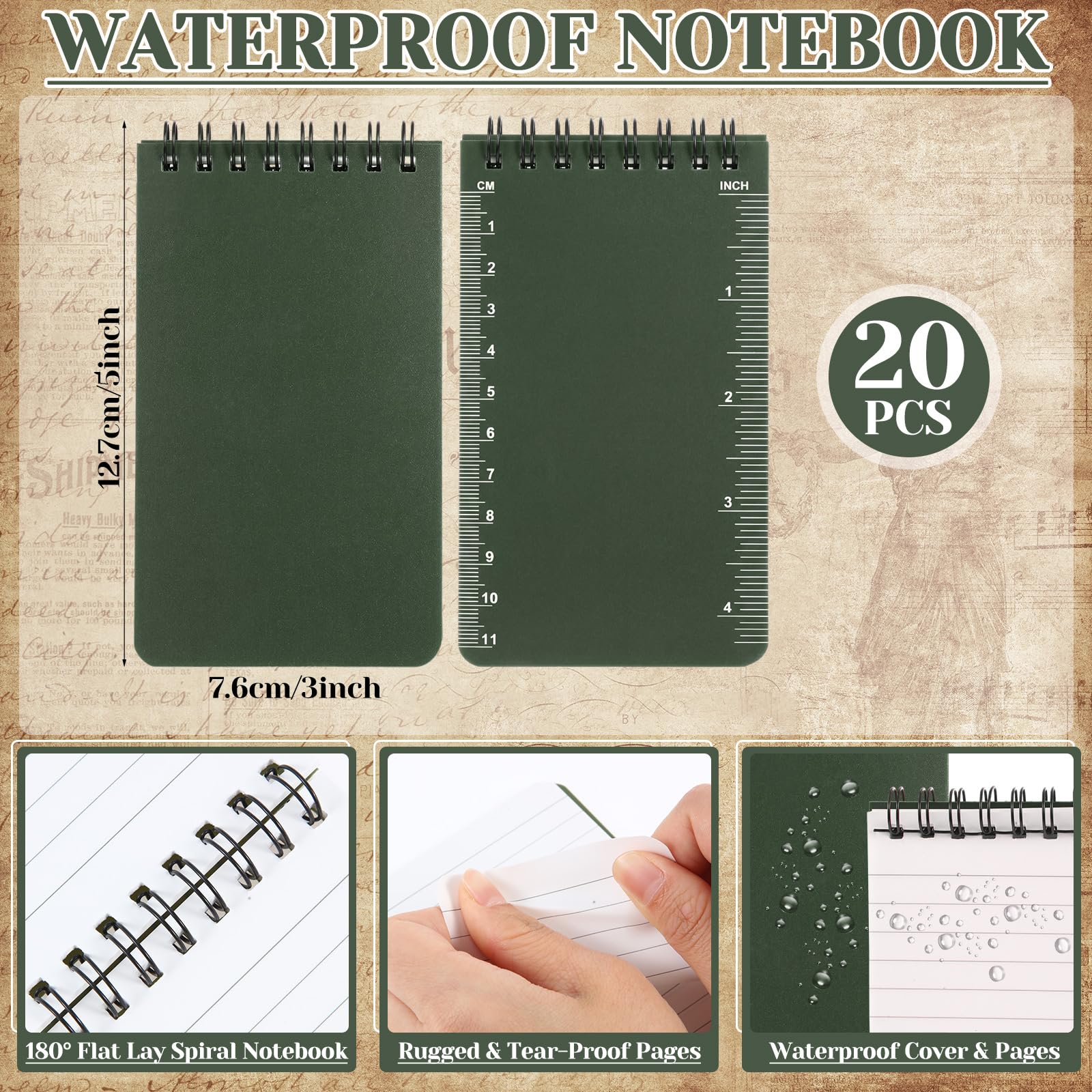 Eaasty Carnet de notes de police imperméable de 7,6 x 12,7 cm – Carnet à spirale résistant aux intempéries – Papier sténo, notes pour papa, bureau, activités de plein air (vert kaki)