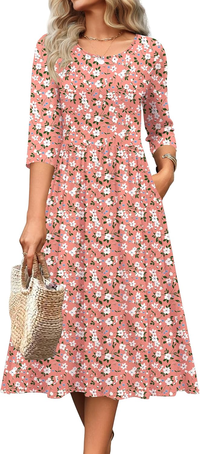 Zeagoo 3/4 Sleeve Women's Dress Casual Flowy A-Line Midi Tshirt Dresses with Pockets Crewneck Vocation Boho Beach Sundress - Image 2