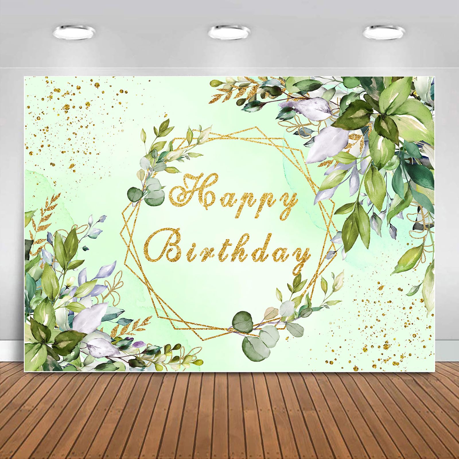 Sensfun Sage Green Happy Birthday Backdrop Banner Decoration Greenery Eucalyptus Gold Birthday Sign Photography Background for Women Girls Neutral