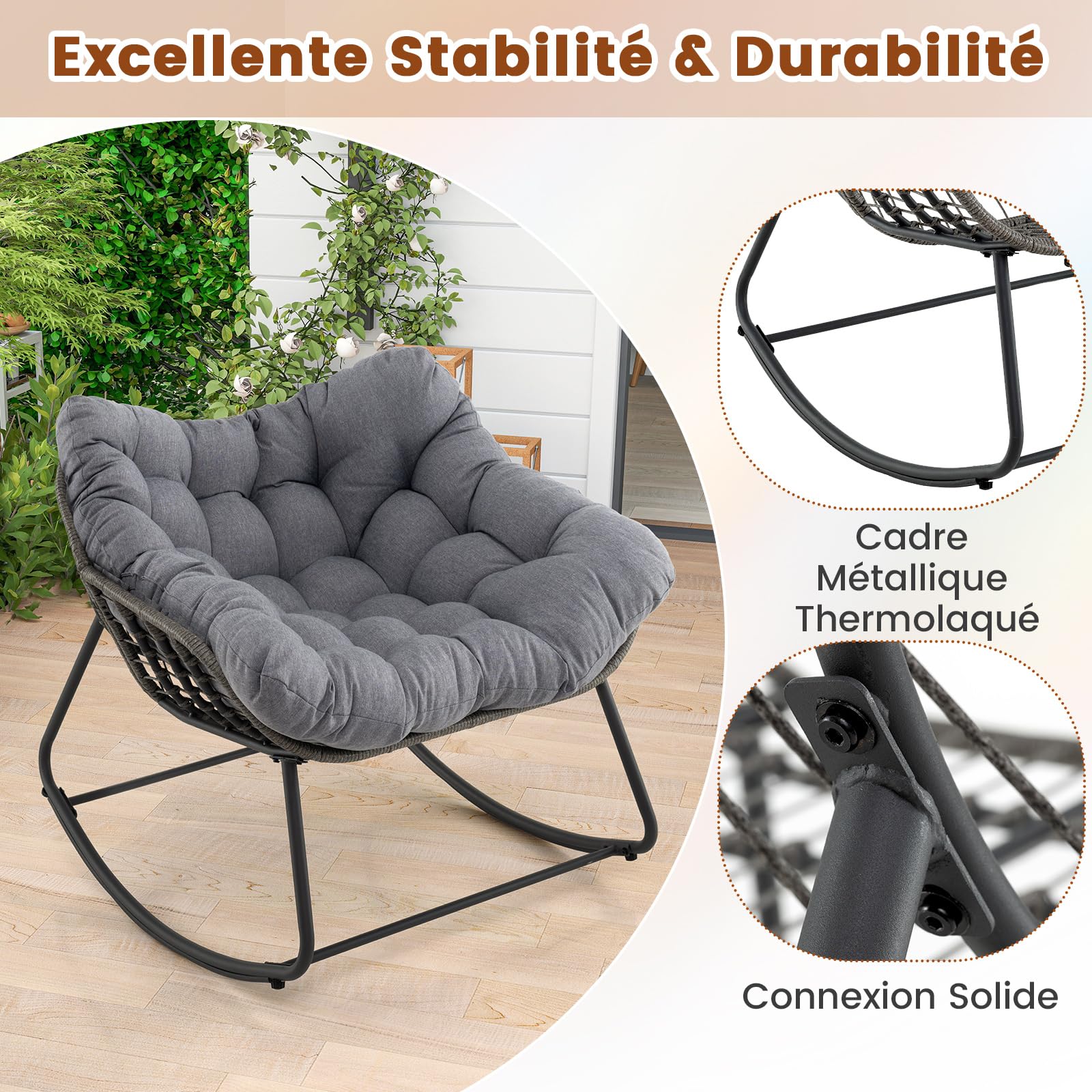 COSTWAY Fauteuil a Bascule Exterieur Interieur, Rocking Chair en Rotin PE, Coussin Épais Amovible, Bande Antidérapante, Fauteuil Œuf pour Balcon Porche Salon, Charge 150 kg, 98 × 98 × 87 cm (Gris)