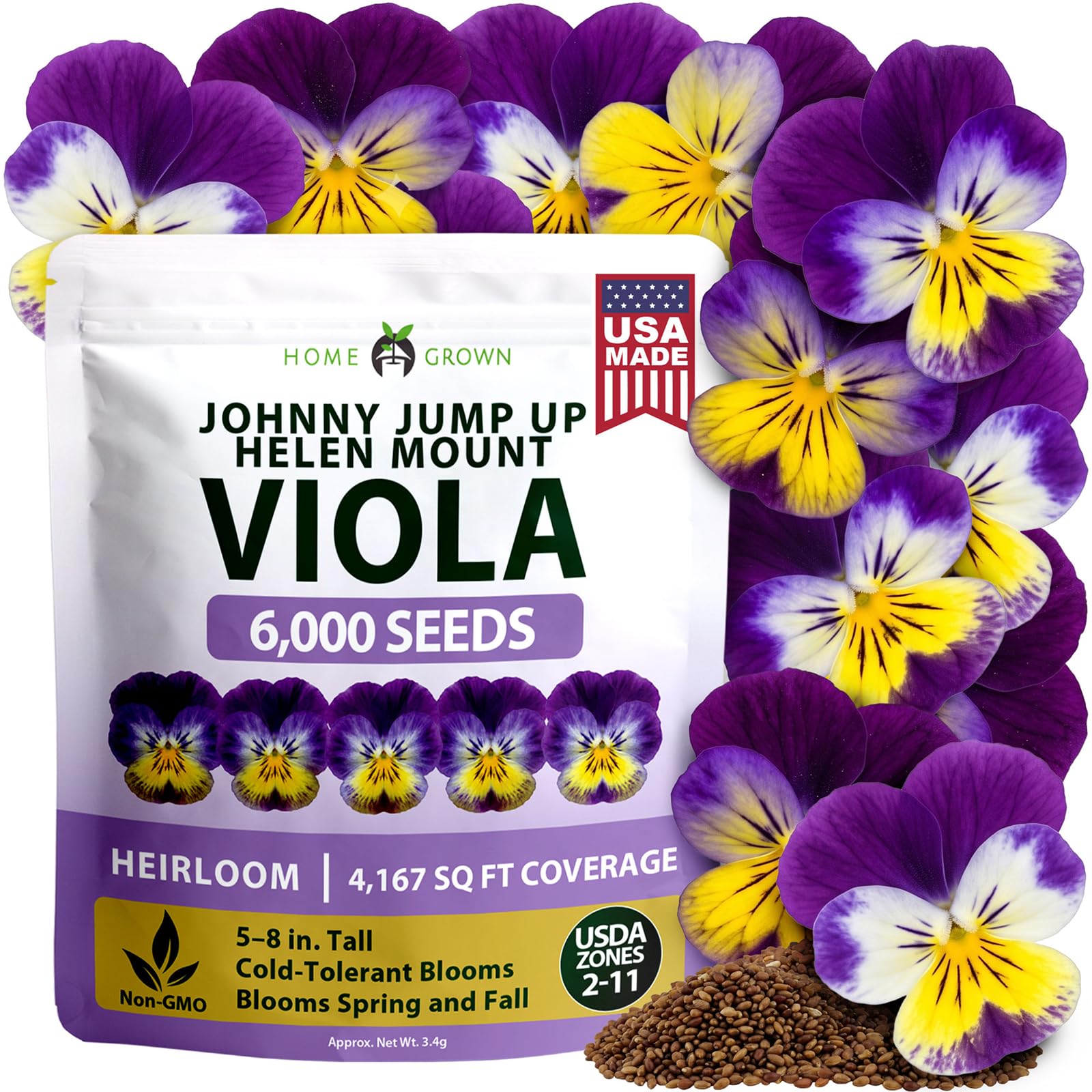 HOME GROWN Johnny Jump Up Helen Mount Seeds, 6,000 Seeds, Viola Tricolor