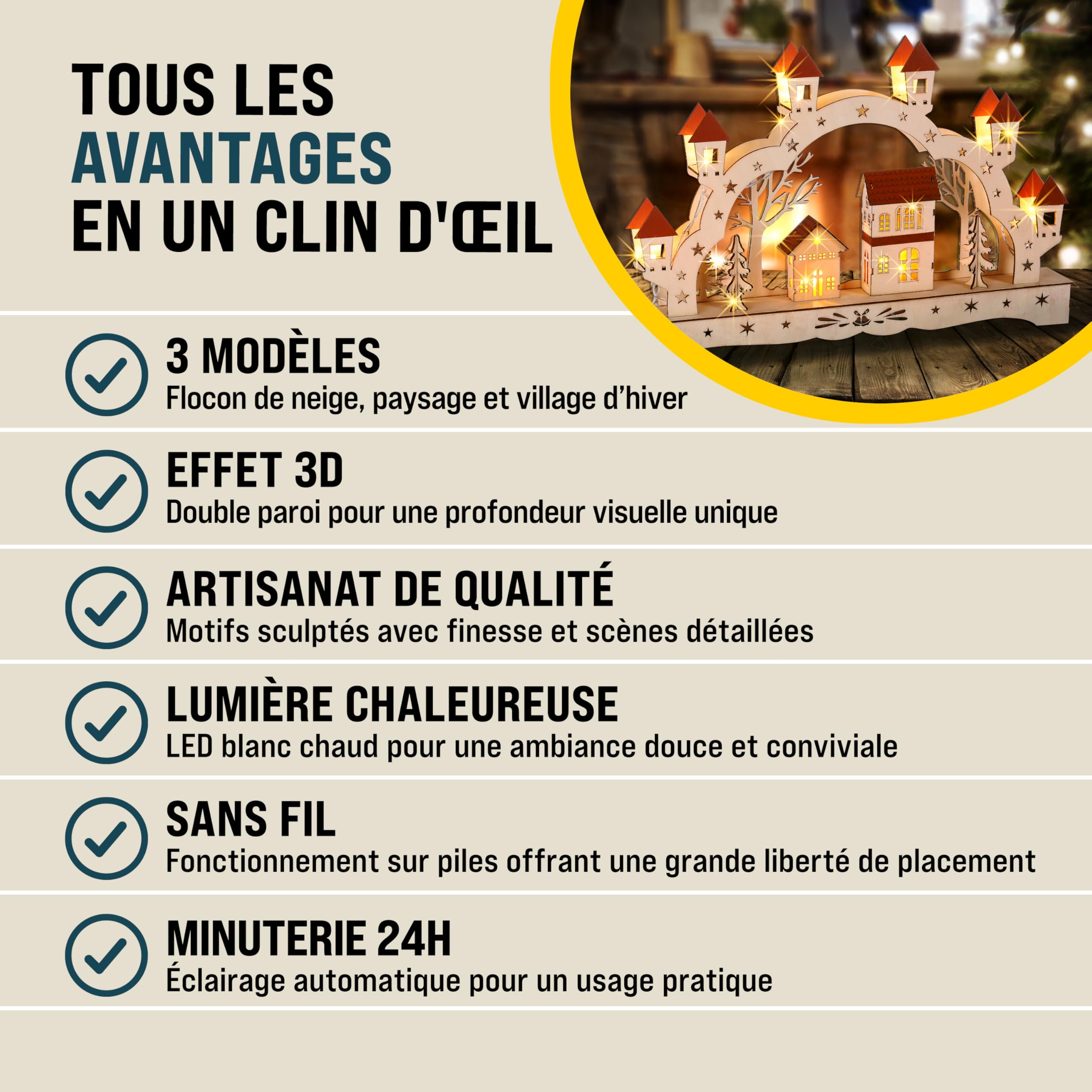 Monzana Arc Lumineux de Noël 'Paysage' à 8 LED décoration en Bois Illumination intérieur Effet 3D Arche Lumineuse fêtes