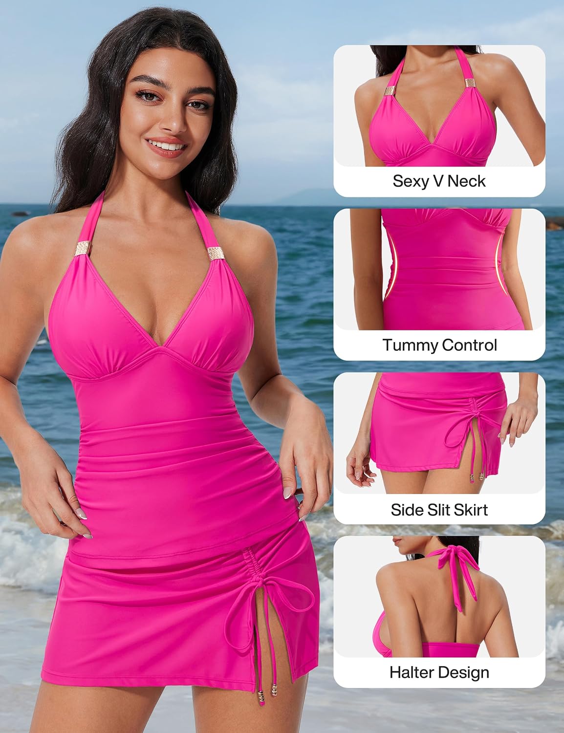SUUKSESS Women Tummy Control Tankini Swimsuit Sexy Halter Bathing Suit 2 Piece