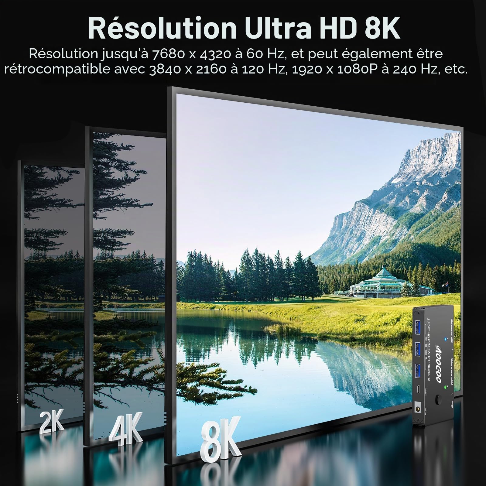 Commutateur KVM HDMI2.1 8K@60Hz, commutateur KVM HDMI2.1 pour 2 ordinateurs qui partagent des moniteurs et des appareils USB 3.0, télécommande filaire et câble USB inclus