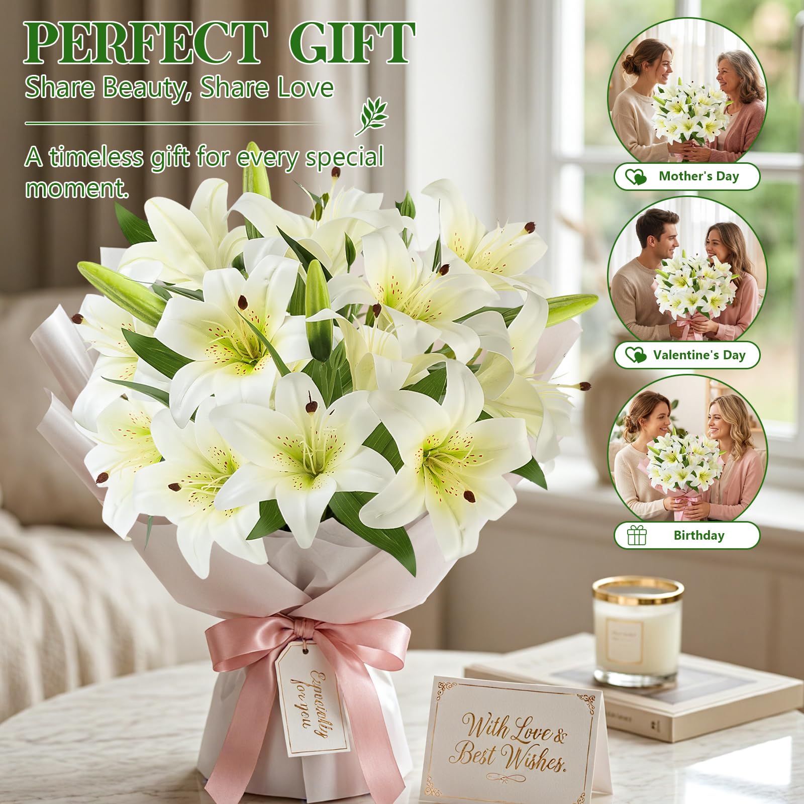 TYL&TYS 6PCS Artificial Lilies Flower Set, 3D Printing Realistic Fake Lilies with 12 Heads and 6 Buds - Image 7