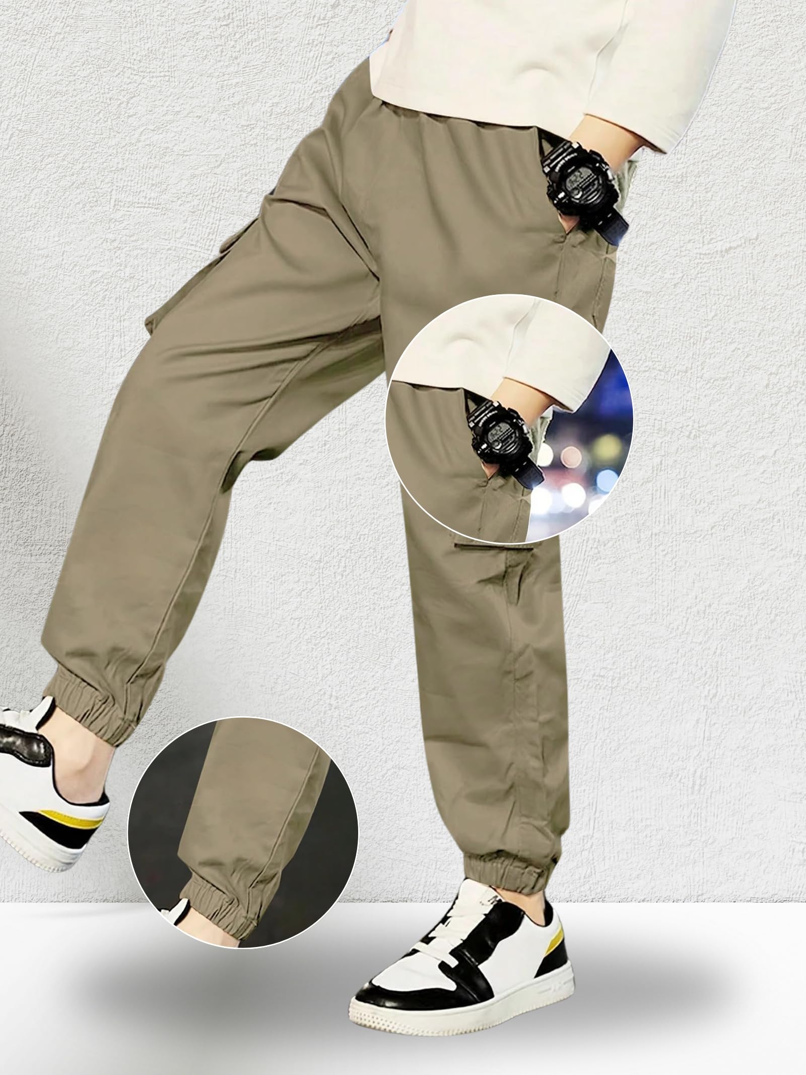 Kid Boys Cotton Cargo Joggers Pant with Pockets and Elastic Waistband Closure|Cargo Pants for Boys Khakhi 3