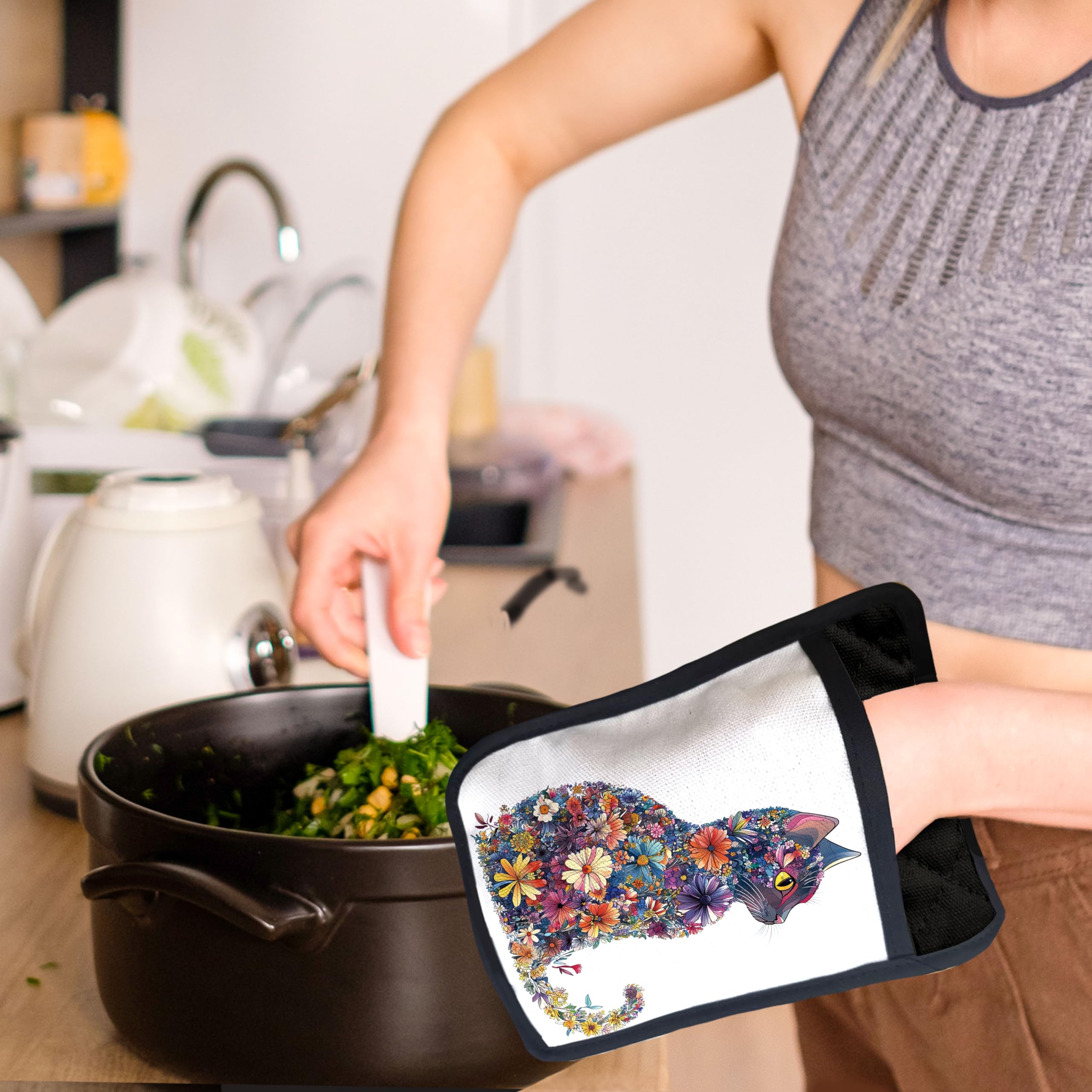 Blumentopfhalter mit Taschen, Katzen-Küchendekoration, ästhetisches Blumen-Kätzchen, Topflappen, hitzebeständige Ofenhandschuhe, heiße Pads für Küche, Backen, Kochen