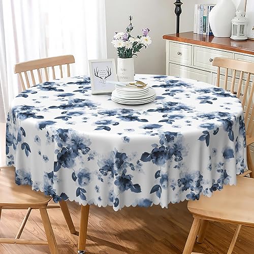SIEDYCV Watercolor Floral Round Tablecloth 60 Inch Blue Rose Print Fabric Table 