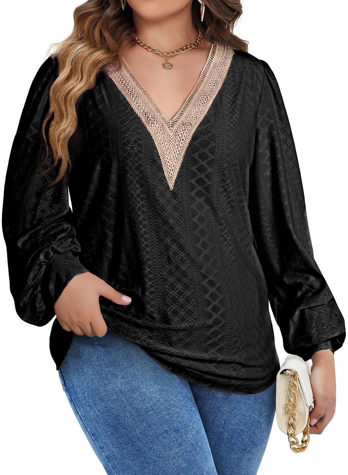 Eytino Womens Plus Size Tops Lantern Long Sleeve Lace V Neck Dressy Casual Blouse Loose Tunic Shirts(1X-5X)