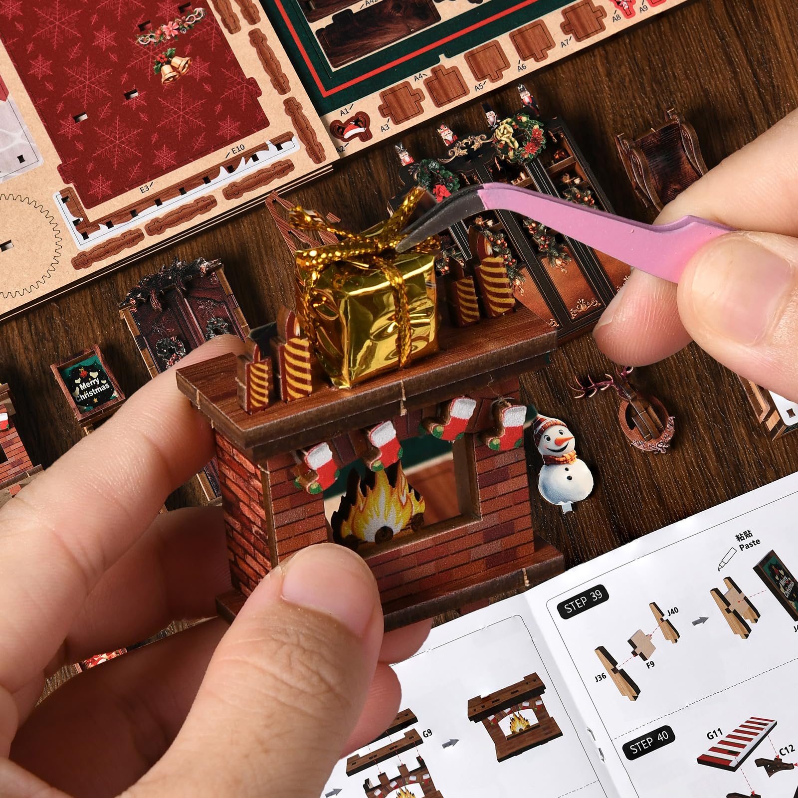 Kit per angolo del libro di Natale, fai da te in miniatura, casa delle bambole 3D, puzzle in legno, libreria, decorazione con carillon a LED, regalo di Natale per adulti e ragazzi - Negozio di Natale
