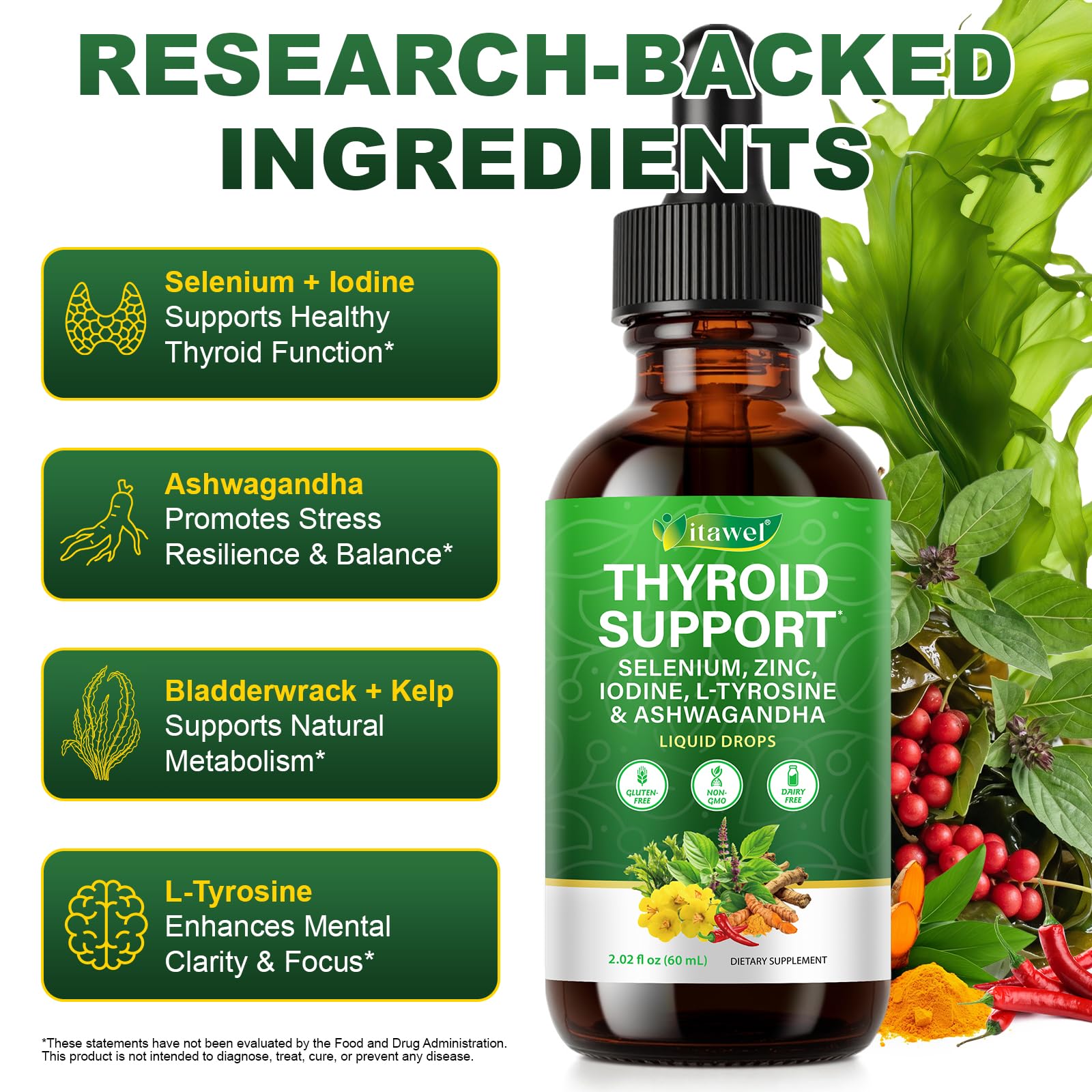 Thyroid Support Gouttes liquides 60 ml – Sélénium, zinc, iode, L-tyrosine et Ashwagandha pour l'équilibre hormonal, le métabolisme et la santé thyroïdienne