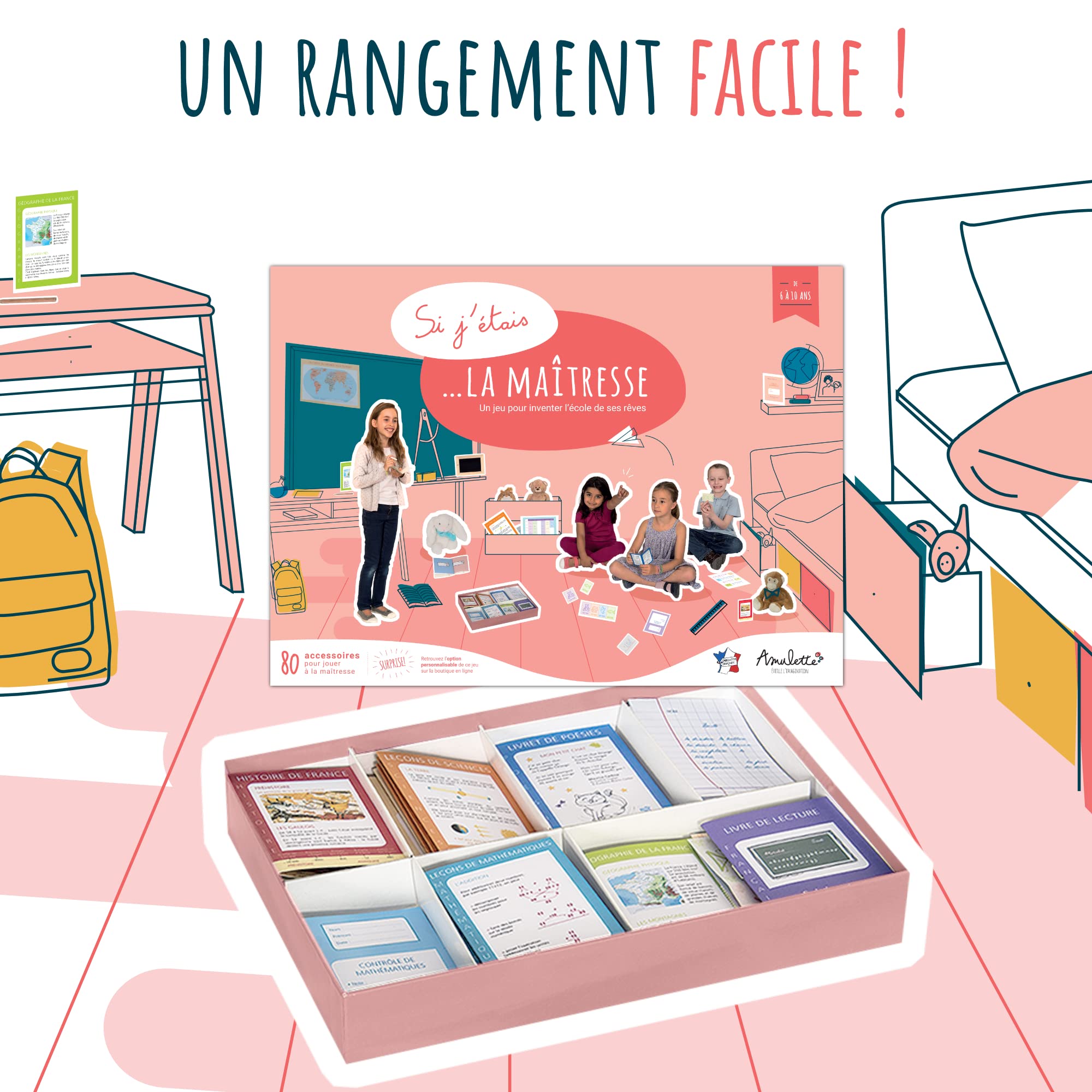 Amulette - Coffret Si J’étais la Maîtresse - Jeu Éducatif 6 à 10 Ans - 80+ Accessoires pour Jouer à la Maîtresse d’École Primaire - Jouet Cadeau Enfant Fille Garçon Métier - Fabriqué en France - GCMA