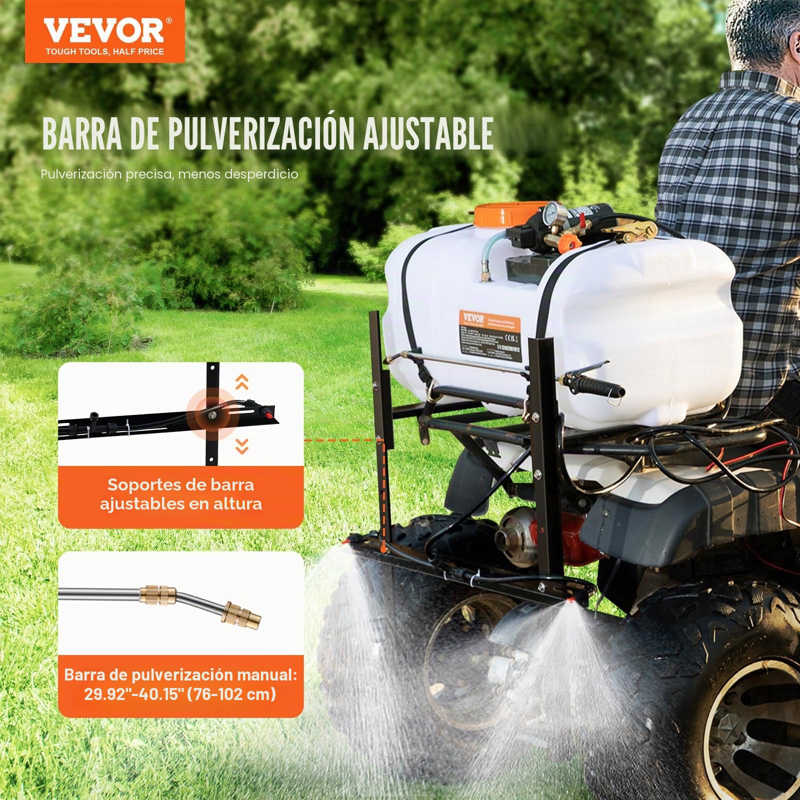 VEVOR Pulverizador para ATV UTV 60 L 12 V Bomba Pulverizador de Malezas para Jardín con Tanque de Agua, Rampa de Boquilla, Manguera de 6,1 m, Flujo de Bomba 7 L/min Presión Ajustable 0-72 PSI, Blanco