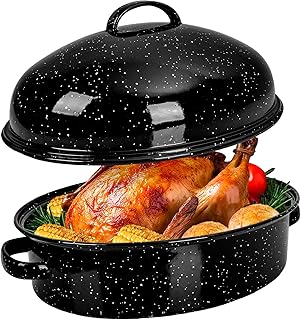 Roasting Pan with Lid & Rack 18 Inch Extra Large Deep Oven Baking Pot, Enamel Granite NonStick Oval Carbon Steel Pot for Turkey Chicken Ham Steak NonToxic for Valentine's Day Gift Roaster Pan