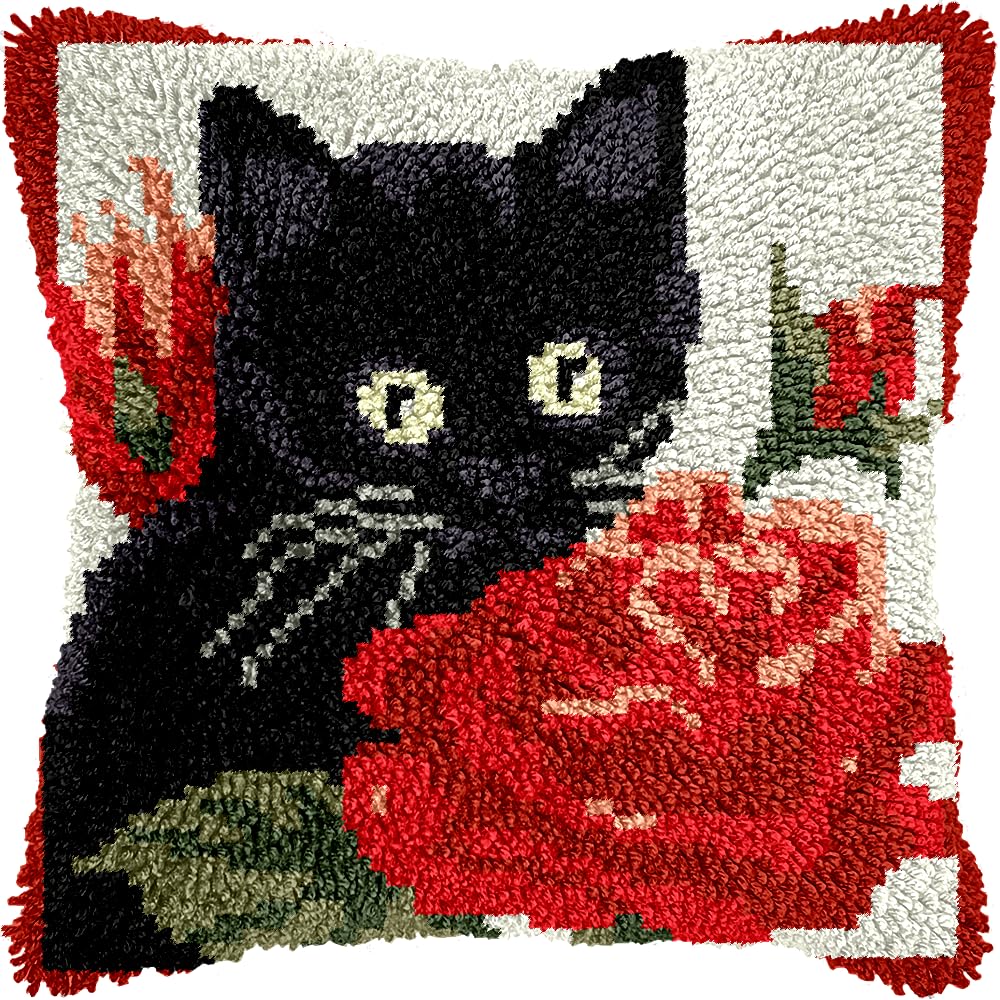 LingxiCreation DIY Latch Hook Kits Pillowcase Cat and Flowers
