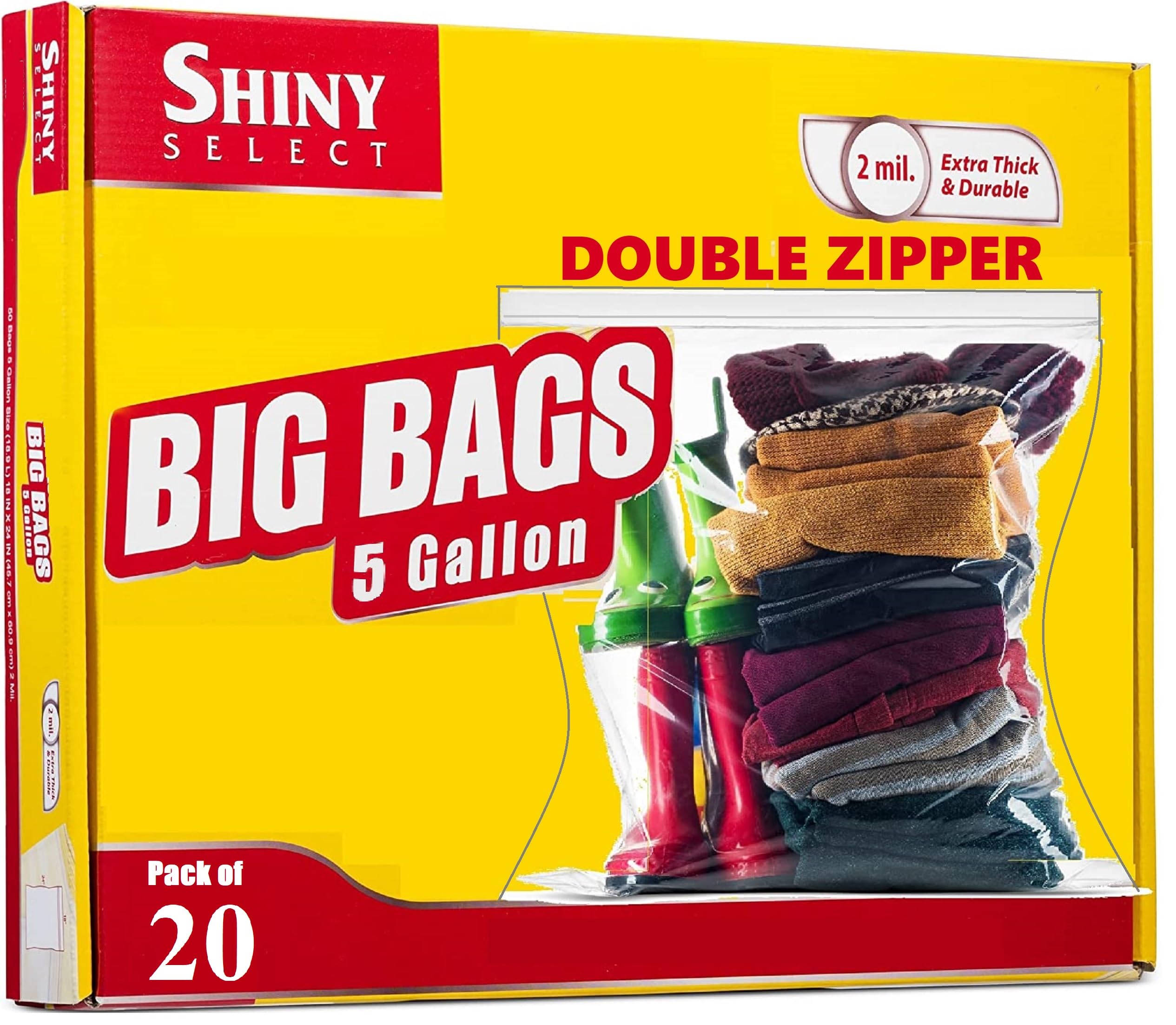 [20 COUNT]- DOUBLE ZIPPER STORAGE BAGS - Freezer Bags - 5 Gallon Jumbo Size Extra Large Food Storage Plastic Bags With Double Zipper Top - 18" x 24" - BPA-Free - Big Storage Bags for Seasonal
