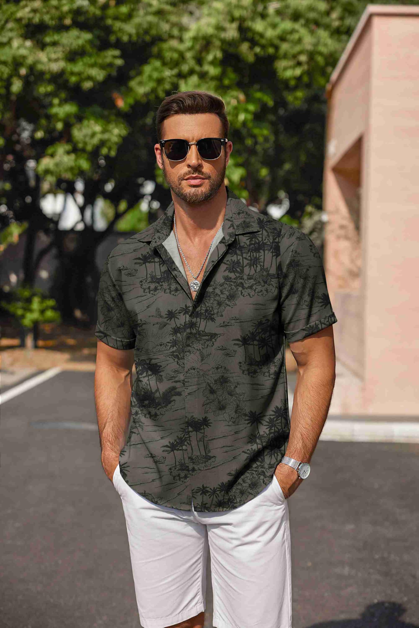 Coofandy Camicie da Uomo in Lino a Maniche Corte, Casual, con Bottoni, per Spiaggia, Estate, Matrimonio