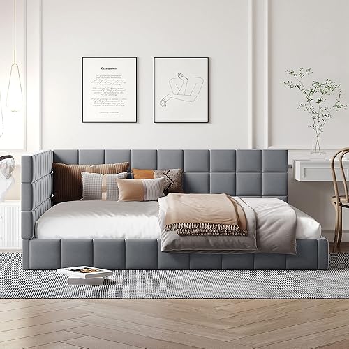 Miniatura 18 de SOFTSEA Marco de sofá cama simple para sala de estar, sofá cama tapizado de tamaño matrimonial con colchón de funda de lino, respaldo y Beige,Beige