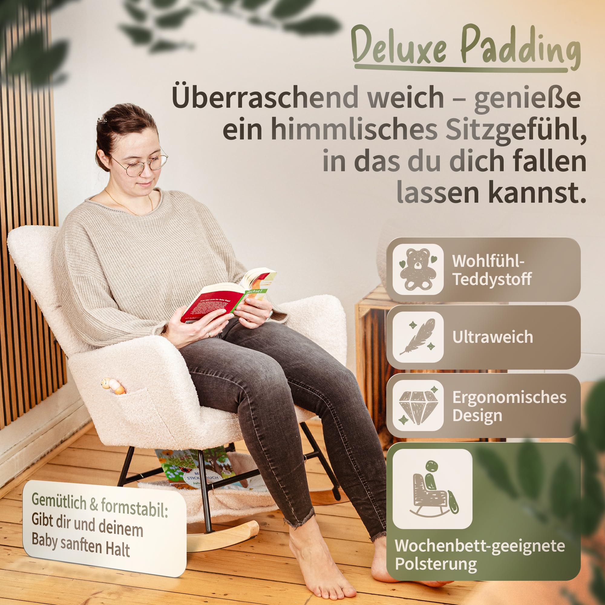 FLAKKARI® Stillsessel Schaukelstuhl Gepolstert [EXTRA-LEISE] mit Taschen Stillstuhl Schaukelsessel Relaxsessel Rocking Chair Nursing Baby | Baby Beige