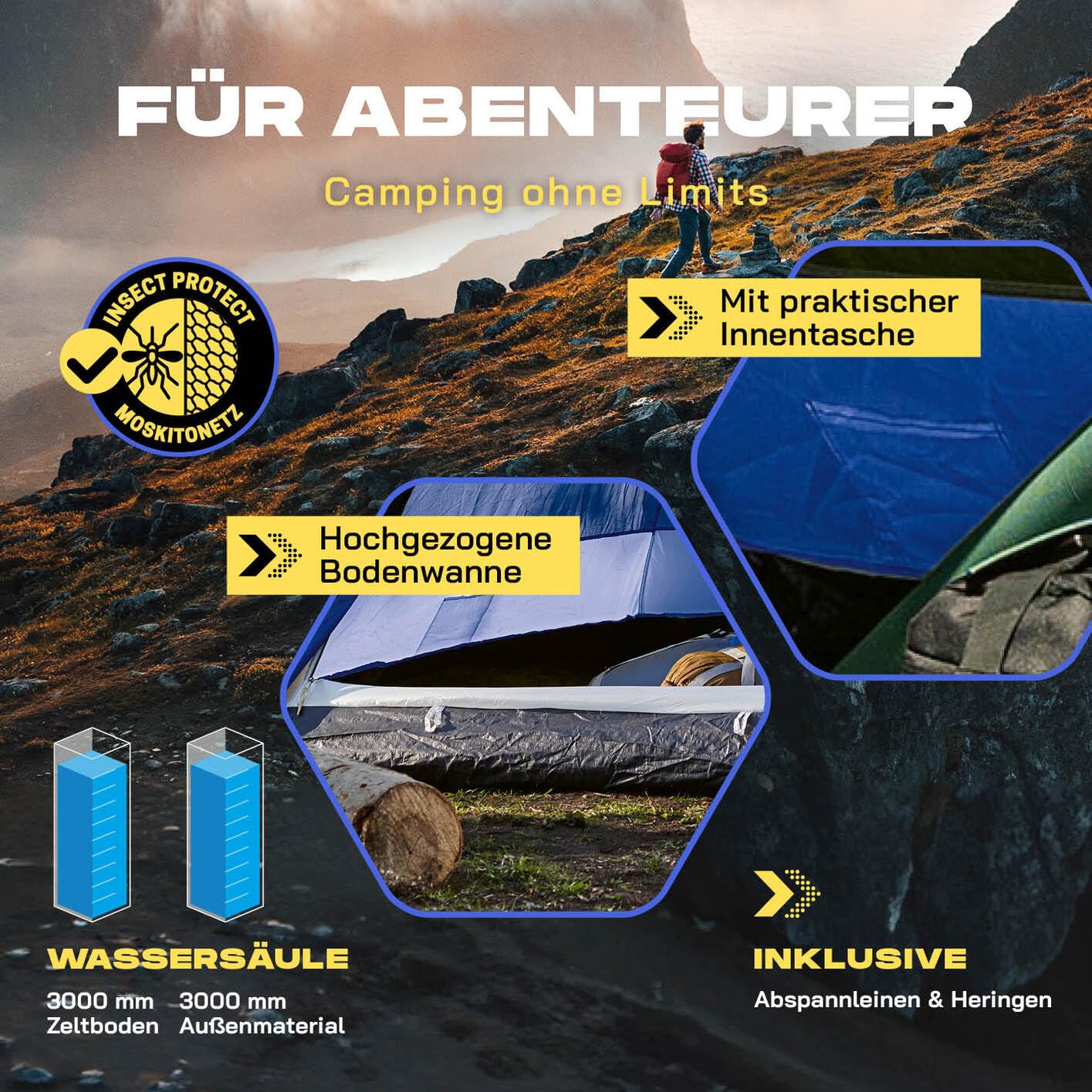 Lumaland Pop Up Camping Zelt | 2-3 Personen Kuppelzelt 215 x 195 x 120 cm| 4 Jahreszeiten Igluzelt | Outdoor Trekking & Festival Wurfzelt | Leicht, Wasserdicht & Robust | Aufbau simpel, schnell