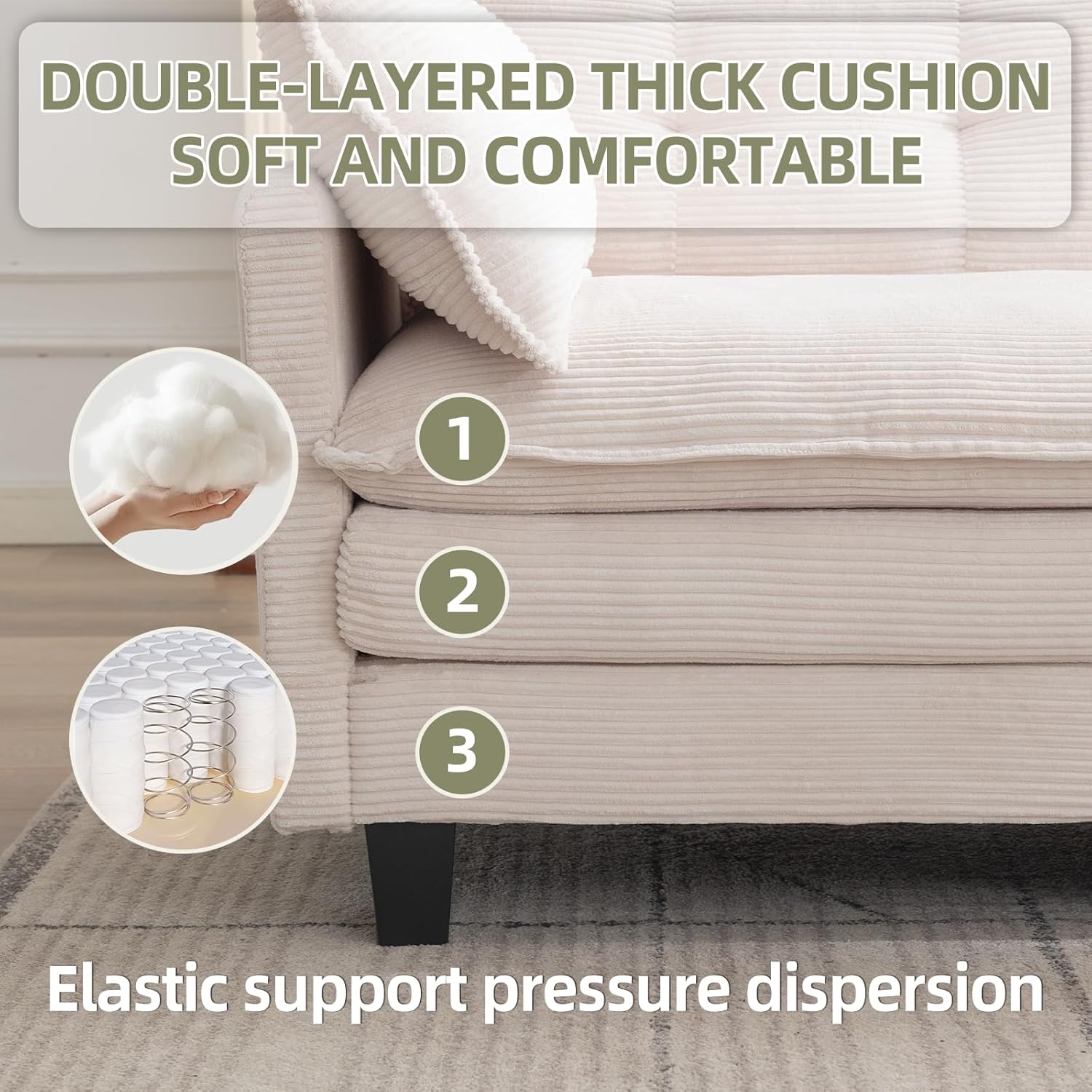 Modular Sectional Sofa, 3-Seat Sofa with 2 Movable Ottomans, U/L Shaped Configurable, Corduroy Fabric, Solid Wood & Metal Frame, 250 LBS Per Seat, for Living Room Bedroom, Beige