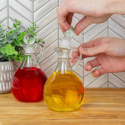 Miniatura 9 de Cornucopia Brands Vinagre de vidrio y vinagre (juego de 2); dispensadores de aceite redondos de 8 onzas / botellas de aderezo para ensaladas con