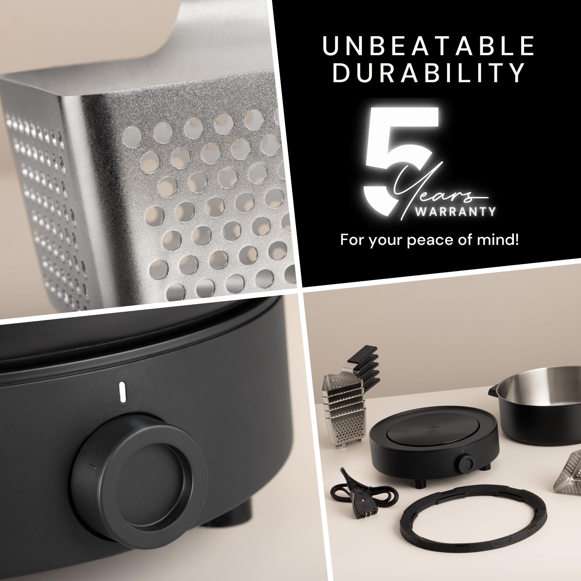 Evolution 3-in-1, Electric Fondue Set for Broth, Cheese & Chocolate. Fondue Pot with Ceramic Double-Boil Bowl, Heat-Resistant Base, Temperature Control, 6 Perforated Baskets &Tongs.