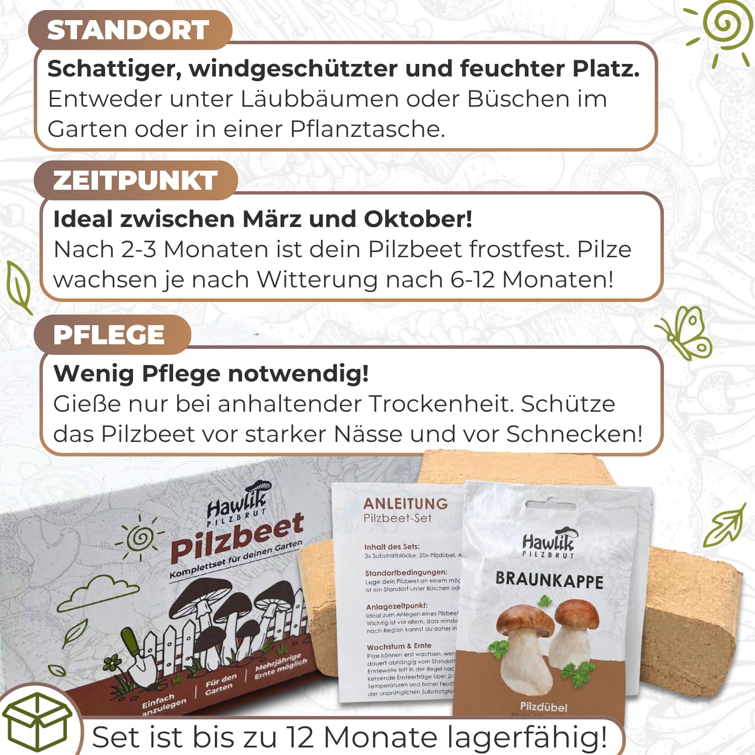 Hawlik Pilzbrut Kit de culture de champignons pour le jardin - Kit de parterre de champignons - Culture facile des champignons dans le jardin - Idéal pour les débutants et pour offrir - Paria de