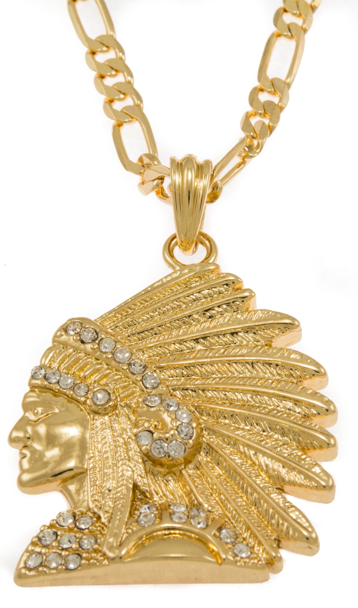 Hip-Hop Iced Silver and Gold ToneIndian Chief Pendant Necklace Free 24" chain