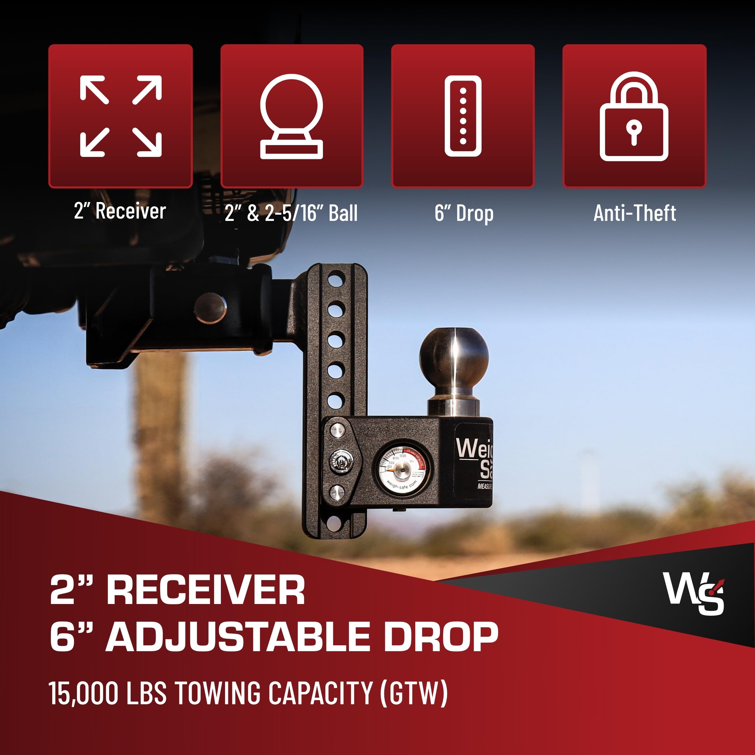 Weigh Safe Steel Drop Hitch - Adjustable Trailer Hitch with Ball Mount - Designed for 2