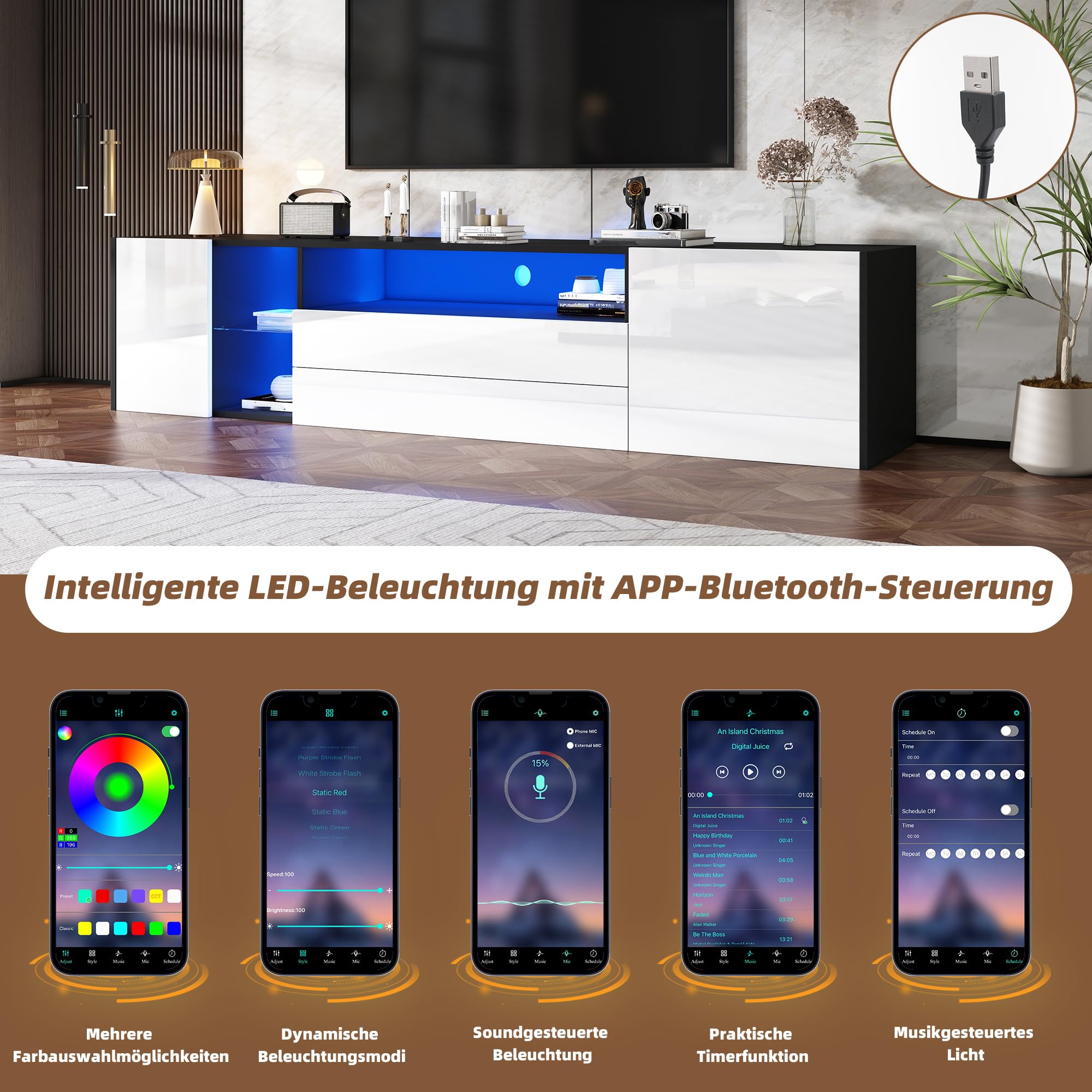 Meuble TV Brillant 2 tiroirs 2 Portes Étagères Ouvertes Lowboard pour téléviseur Jusqu’à 75 Pouces avec Bande Lumineuse LED Bas pour Salon Table de Meubles TV Noir