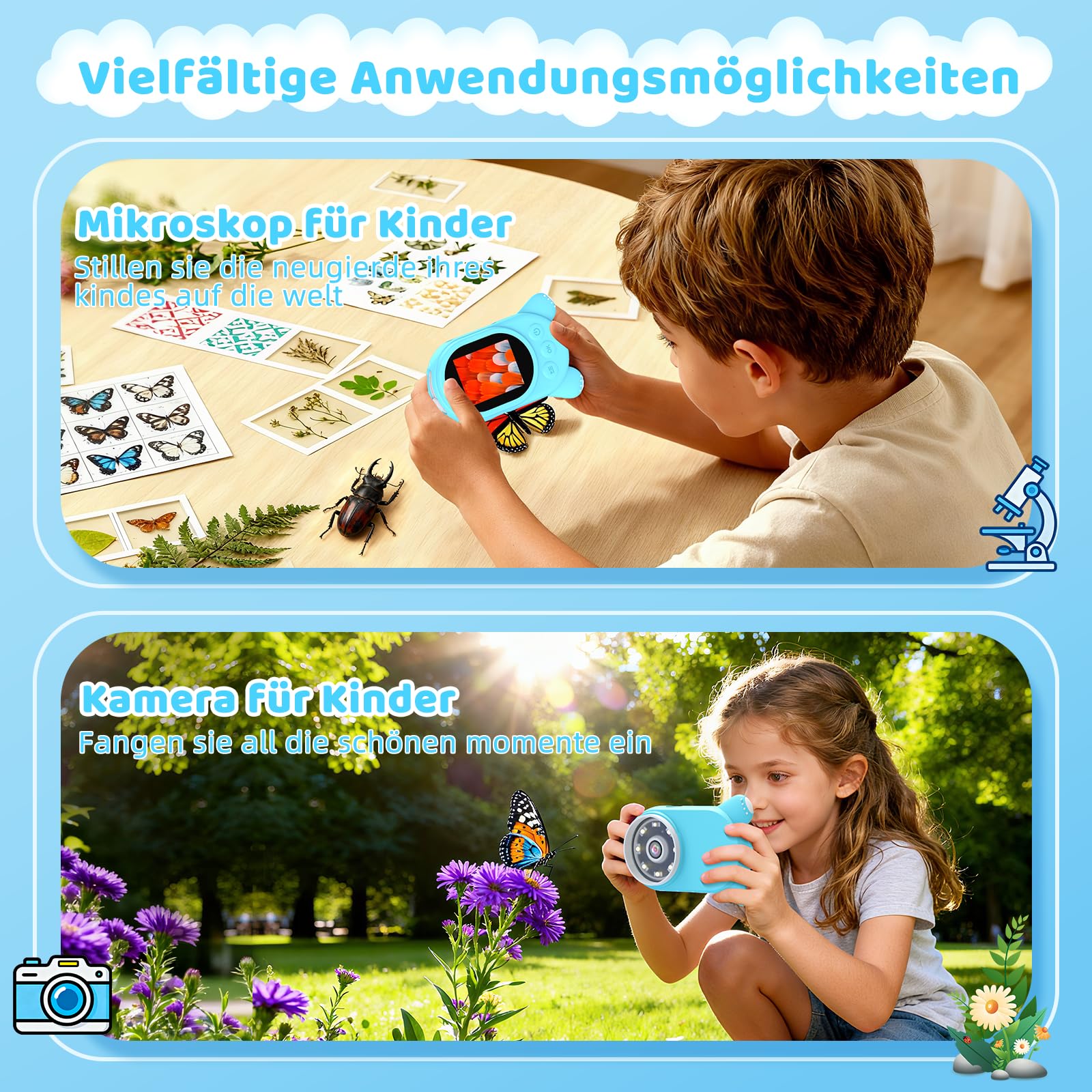Mikroskop für Kinder - Digital Lupe Kinder mit 2-Zoll LCD HD Bildschirm, Handy Kinderkamera Microscope mit 8 LED Licht, Tragbares Taschenmikroskop mit 8G-Karte, Mini-Mikroskope Draussen - Blau