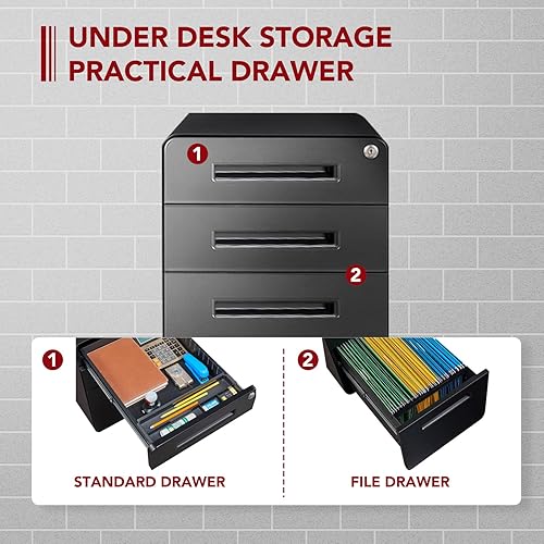Miniatura 10 de SANODESK Archivador móvil de 3 cajones para archivadores de oficina en casa para almacenamiento debajo del escritorio diseño de esquina redonda