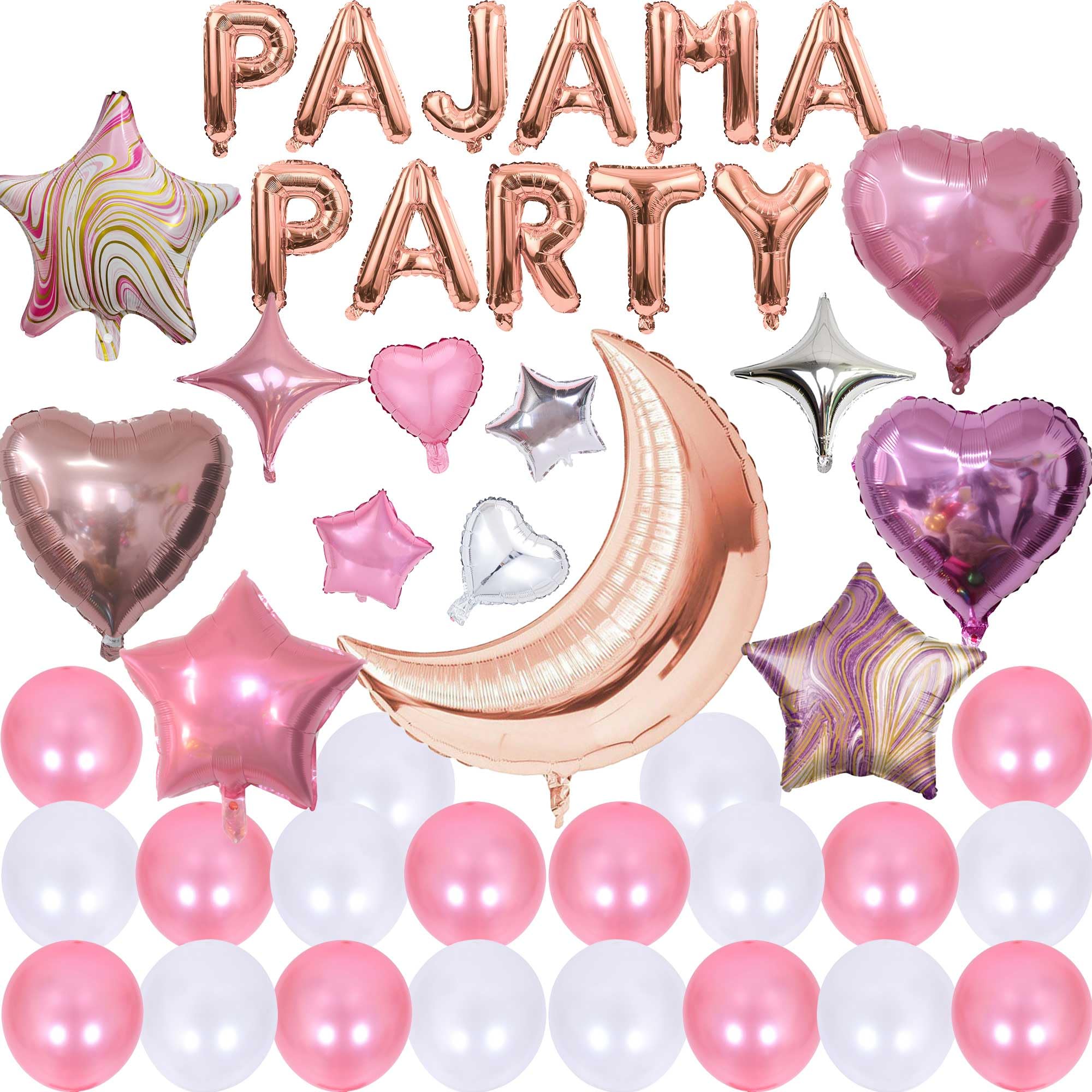 Pajama Party Decorations, Pink Girls' Night Party Supplies Include Pajama Party Balloons Banner, Pink Heart Foil Balloons for Spa Sleepover Themed Party Decorations