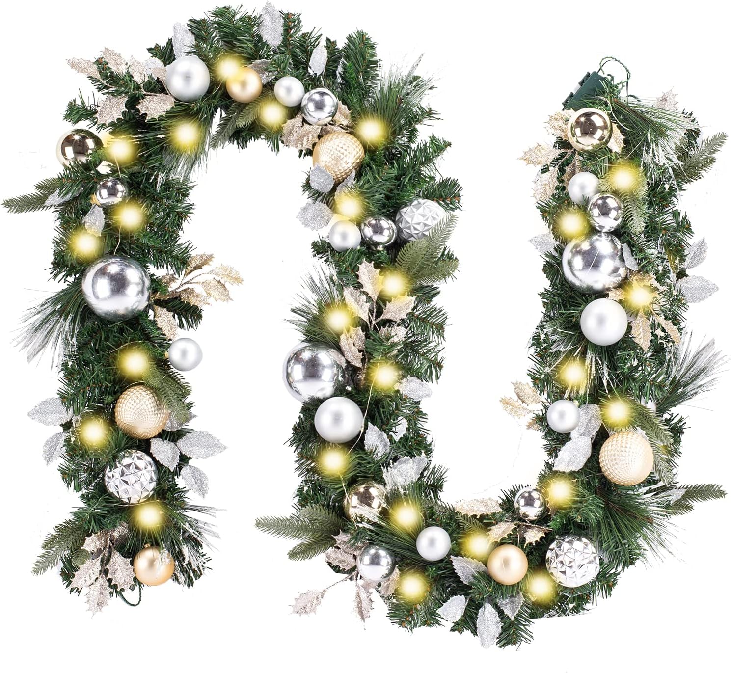 WANNA-CUL Pre-Lit 9 ft/108 Inch Christmas Garland with 50 Led Lights,Champagne Gold Christmas Mantel Garland Decor for Front Door with Ball Ornaments, Battery Operated 03-champagne Gold