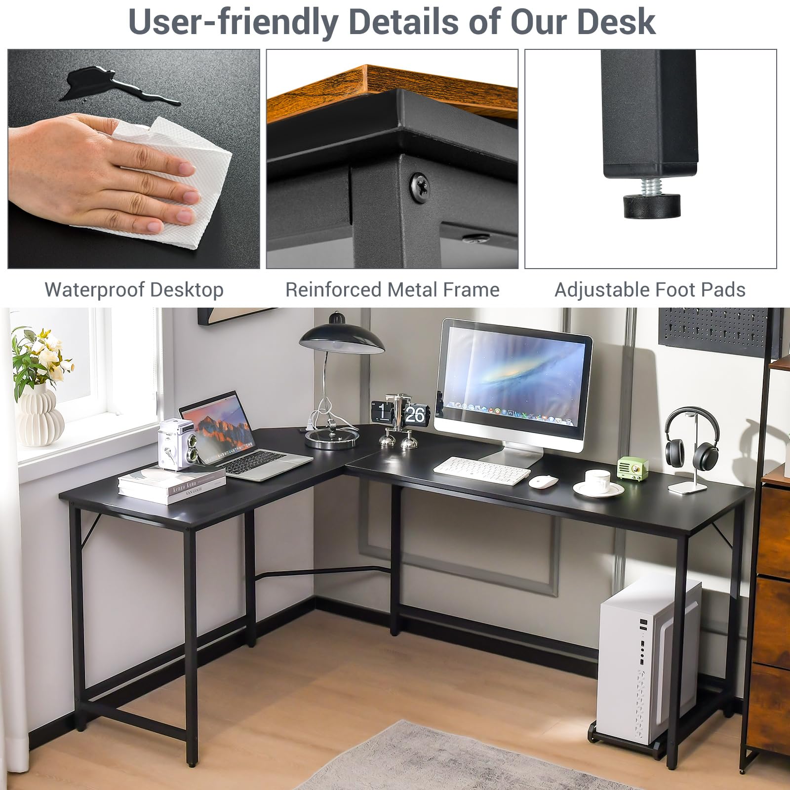 LIFEZEAL Scrivania Ufficio a Forma di L con Multipresa, Stazione di Ricarica, Scrivania Angolare, Porta 2-3 Computer, CPU, Postazione di Lavoro, Telaio in Metallo, Max 150kg, 168x125x74,5cm, Nero