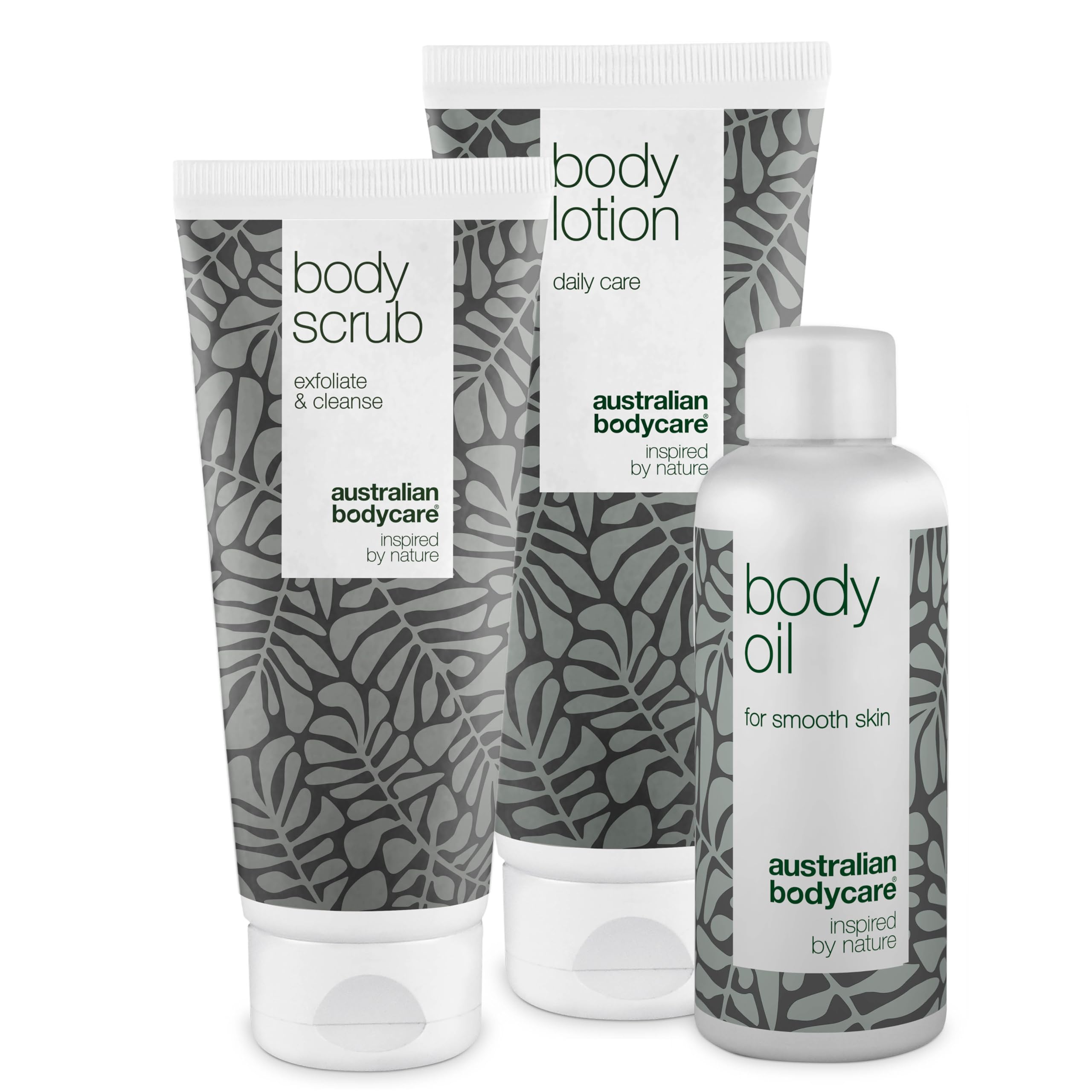 Pack de 3 piezas con aceite de árbol de té para reducir estrías y cicatrices se compone de un Exfoliante corporal (200ml), Aceite Corporal (150ml) y la leche corporal (200ml) | vegano