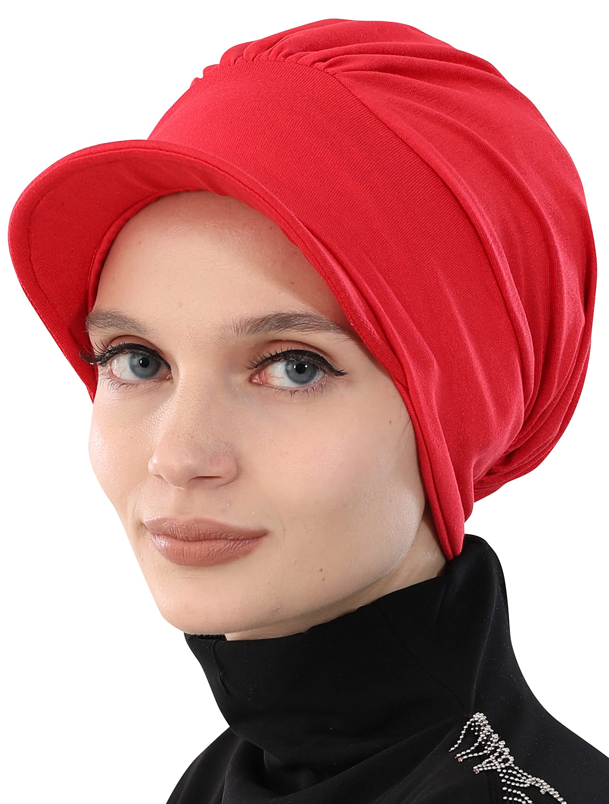Aisha's Design Instant Turban Newsboy Women's Cap, 95% Cotton Bonnet-Hat Scarf Head Wrap Chemo Hat Headwear Cancer Visor, Red