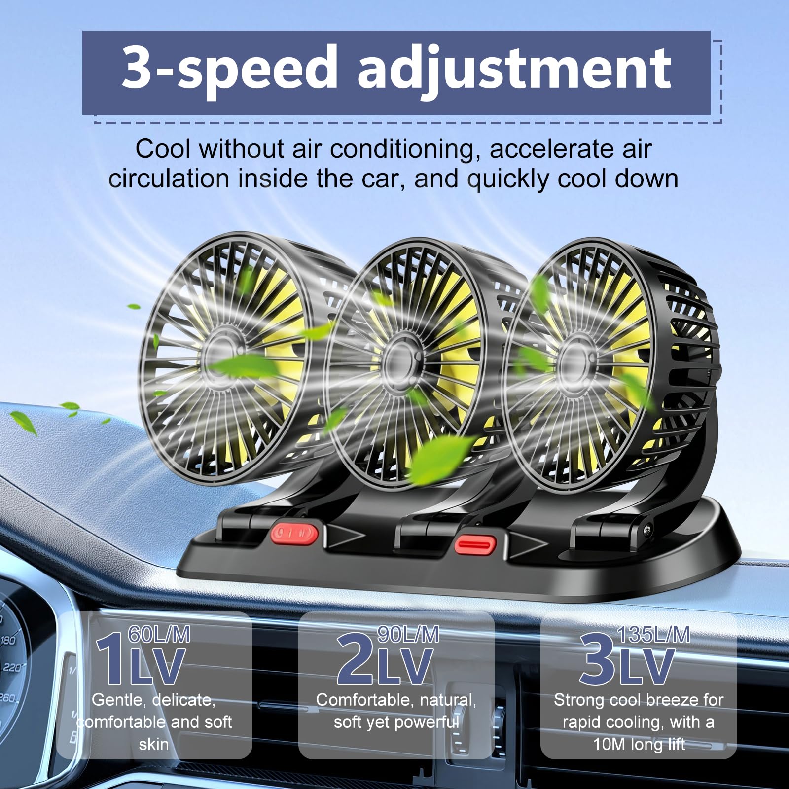 Ventilateur de voiture à trois têtes : ventilateur 12 V 3 vitesses, ventilateur de voiture universel avec ventouse, peu de bruit, ventilateur d'été pour voiture, camionnette, SUV, RV, bateau