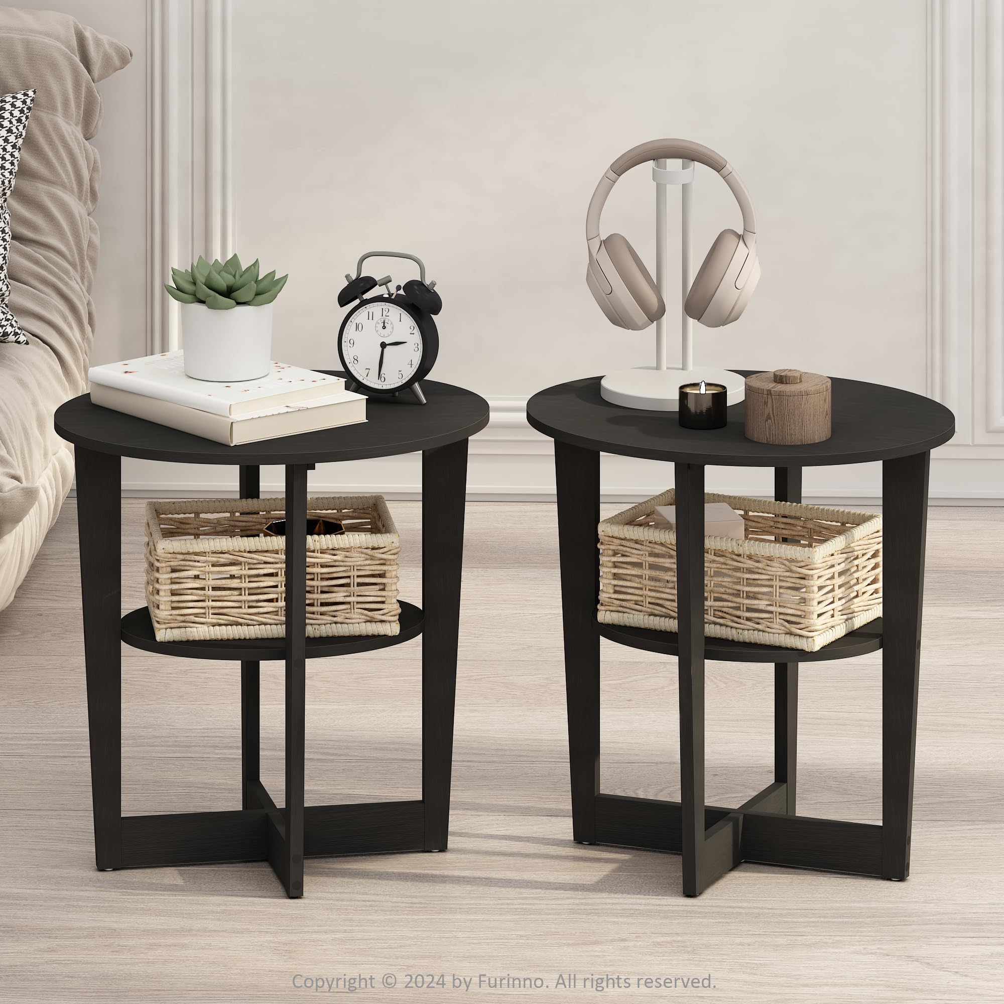 Furinno TIDUR Night Stand Set of 2, 2-Tier Oval Nightstand with Round Edge Tabletop, Open Shelf Bedside Table, End Table, Side Table, for Bedroom, Living Room, Walnut