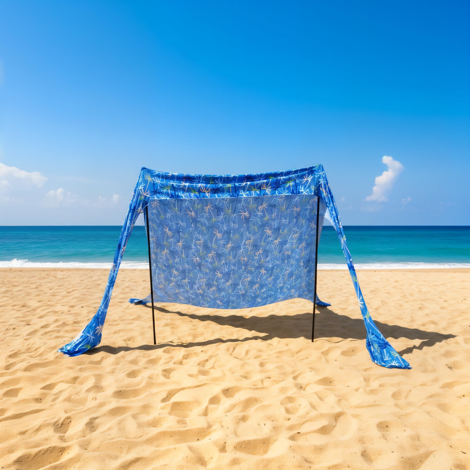 Tente de Plage Parasol, Motif Palmier Bleu, 210x200x160 cm, abri Solaire pour 3–4 Personnes