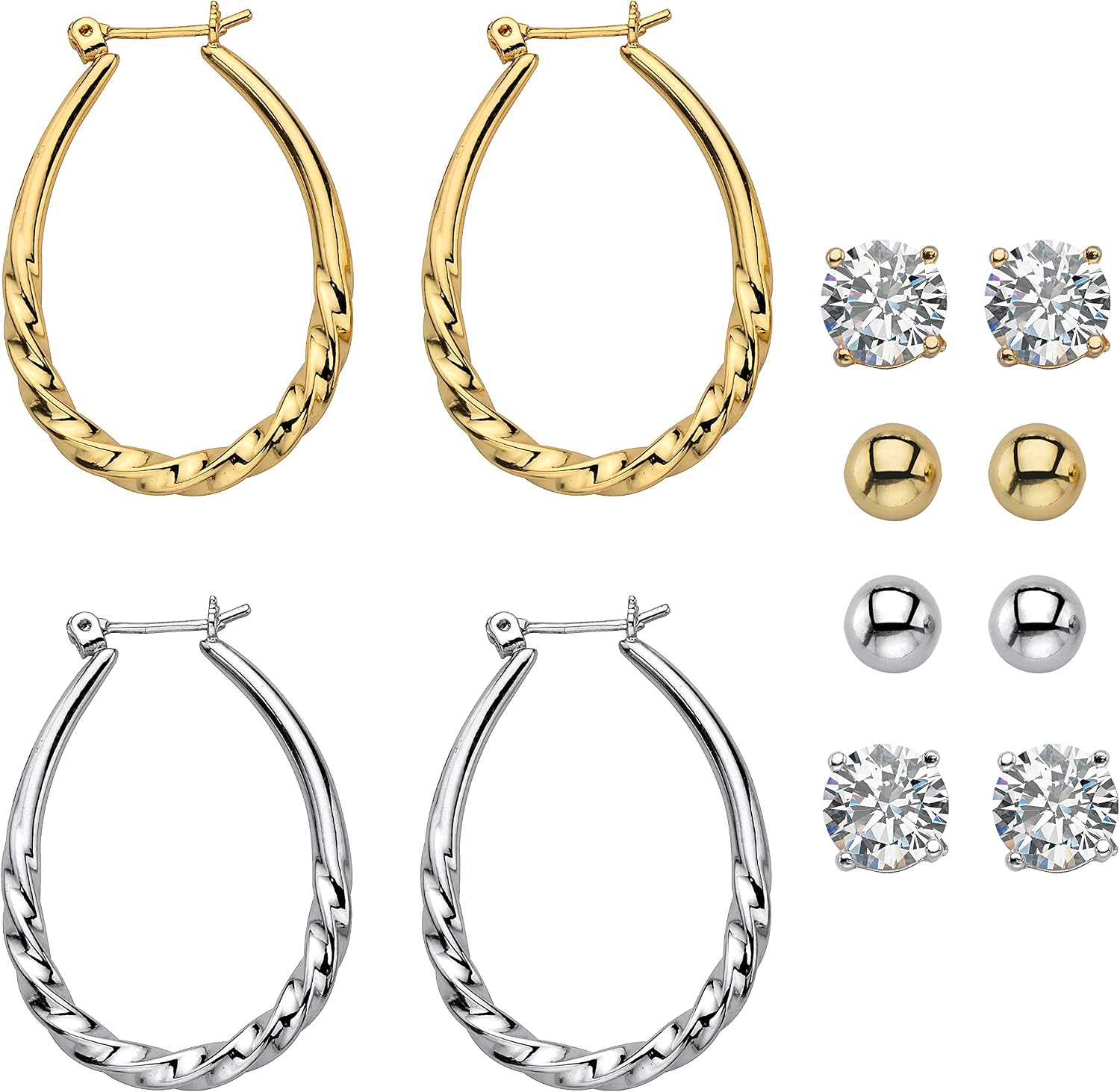 PalmBeach Goldtone and Silvertone Cubic Zirconia 6 Pair Stud and Hoop Earring Set