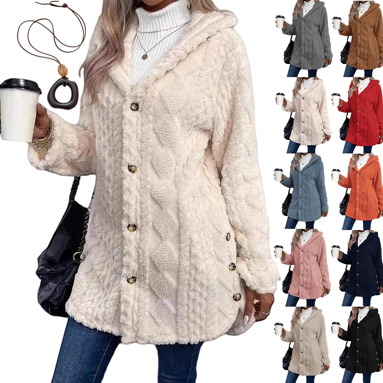 Womens Fall Winter Warm Fashion Jacquard Hooded Cardigan Long Sleeve Coat Casual Fuzzy Outerwear for Daily School