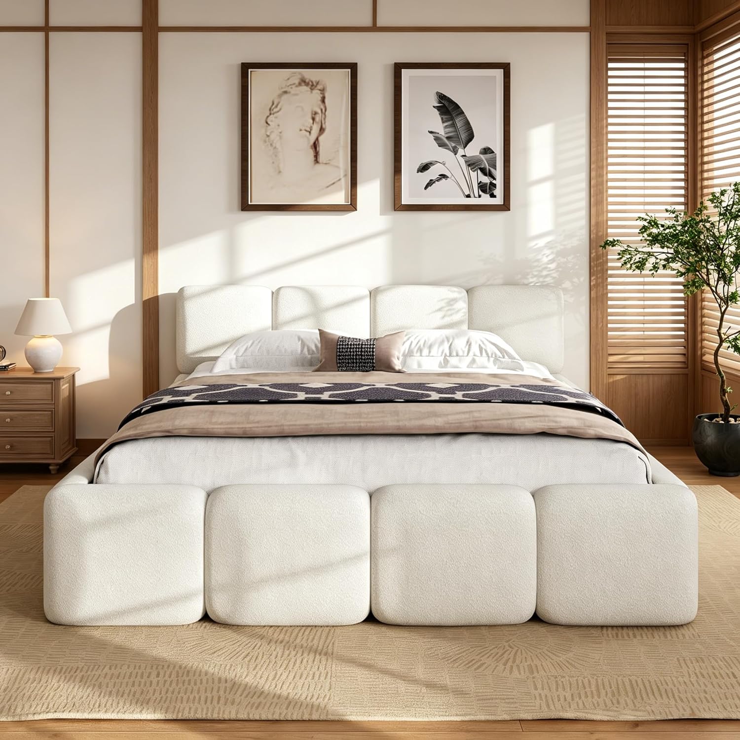 JIJIWANG King Size Platform Bed, Boucle Thick Headboard and Footboard, Upholstery Grounded Beds, Floor Bed Frame, Block Style, White